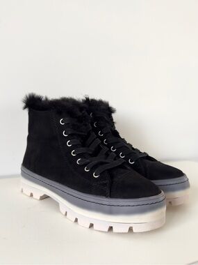 Madden Girl Shadow-F Black Faux Fur Platform High-Top Sneakers